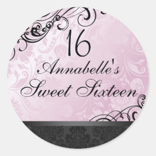 Rond Sticker rose et noir Chic Floral Damask Sweet16