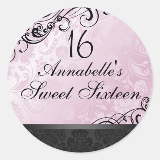Rond Sticker rose et noir Chic Floral Damask Sweet16 (Devant)