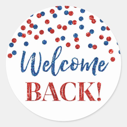 Rond Sticker rouge bleu Confetti Welcome Back Round (Devant)