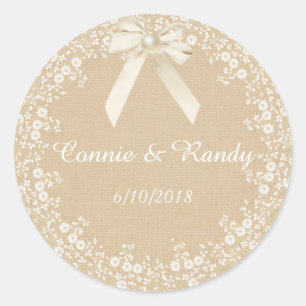 Rond Sticker Rustic Country Burlap et Mariage de dentel