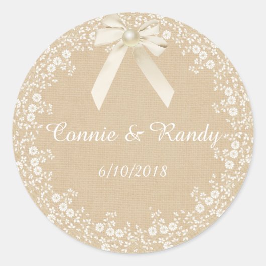 Rond Sticker Rustic Country Burlap et Mariage de dentel (Devant)