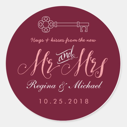 Rond Sticker Rustic Key Script Mr Mme Wedding Favor (Devant)