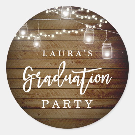 Rond Sticker Rustic Wood String Lights Graduation Party (Devant)