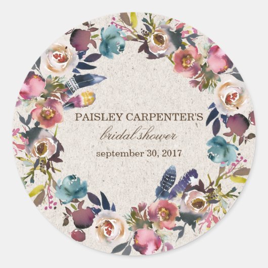Rond Sticker Rustique Boho Floral Feather, Favoriser (Devant)