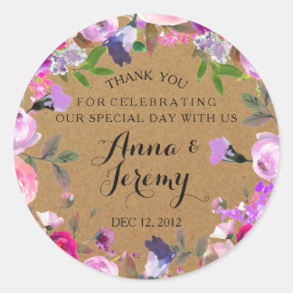 Rond Sticker Rustique Kraft Papier Violet Floral Mariag