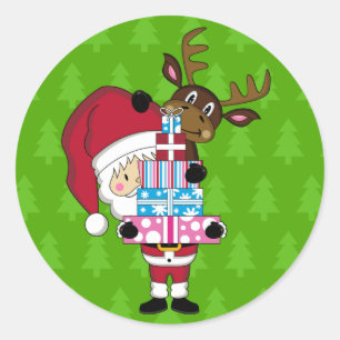 Rond Sticker Santa Claus & Reindeer