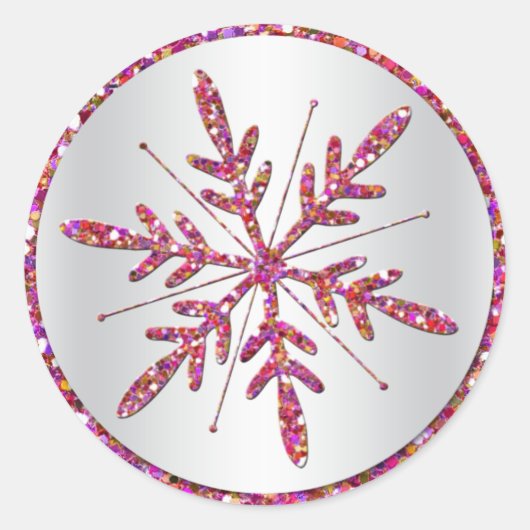 Rond Sticker Snowflake rose, Parties scintillant argent (Devant)