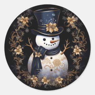 Rond Sticker Snowman Gold Flowers