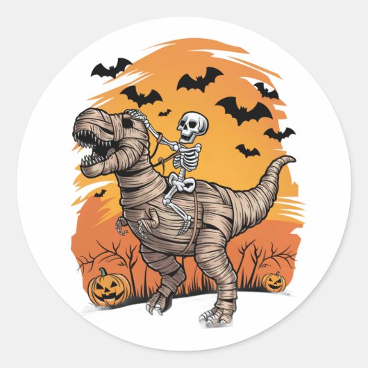 Rond Sticker T-Rex Mignonne Halloween Skeleton équitati (Devant)