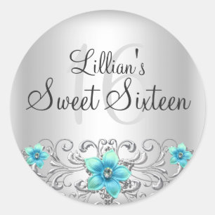 Rond Sticker turquoise Silver Floral Sweet 16