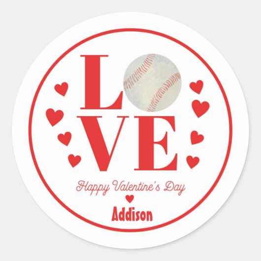 Rond Sticker Valentine de baseball, LOVE Baseball (Devant)