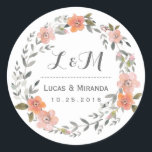 Rond Sticker vintage Floral Wreath Wedding Favor<br><div class="desc">Vintage et rustique mariage à couronne florale merci sticker. Décoré avec des dessins aquarelles de fleurs, feuilles et baies. Monogramme autocollant pour les sceaux de mariage ou d'enveloppe faire-part de mariage. Customiser le libellé pour toute occasion spéciale. Bonsoir de printemps, étiquette de douche nuptiale, fête d'anniversaire, dîner fiançailles, baby shower...</div>