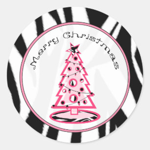 Rond Sticker Zebra Print And Pink Christmas Tree