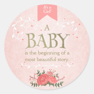 Rond Storybook baby shower fille Sticker or rose