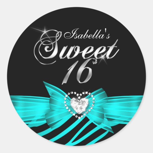 Rond Sweet 16 Seteen Aqua Black Zebra Custom Sticker (Devant)