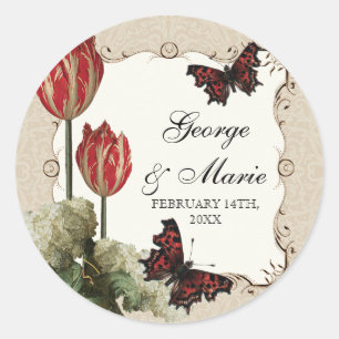 Rond Tan n Crème Rouges Tulipes, Sticker Fête des marié