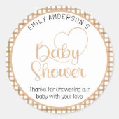 Rond Taupe Gingham Baby Shower Favor Sticker (Devant)
