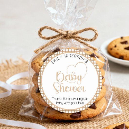 Rond Taupe Gingham Baby Shower Favor Sticker