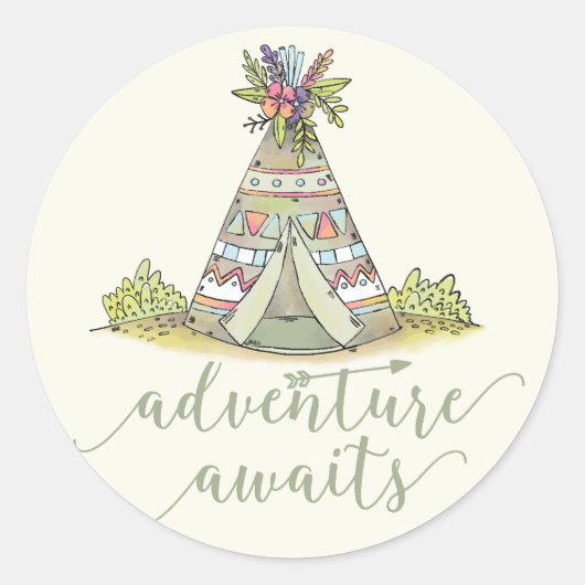 Rond Teepee Adventure Commence Favor Sticker (Devant)