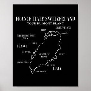 Rond Tour Mont Blanc Kaart Frankrijk Italië Zwitse Poster