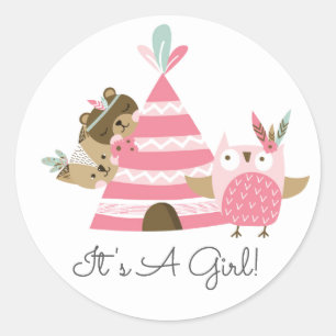 Rond Tribal Woodland Animals It'a Girl Favor Sticker