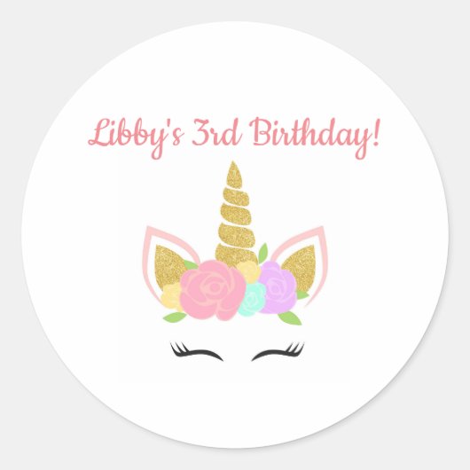 Rond Unicorn Themed Birthday Party Sticker Round (Devant)