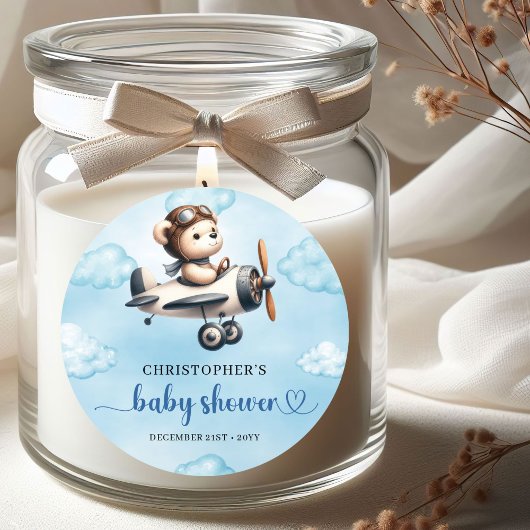 Rond Unique Boy Baby Shower Sticker Blue Brown Teddy 