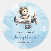 Rond Unique Boy Baby Shower Sticker Blue Brown Teddy  (Devant)
