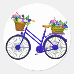 Rond Vélo Bleu Avec Panier De Fleurs - Sticker