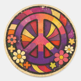 Rond Vintage 70s Retro Peace Sign Flower Power Sticker