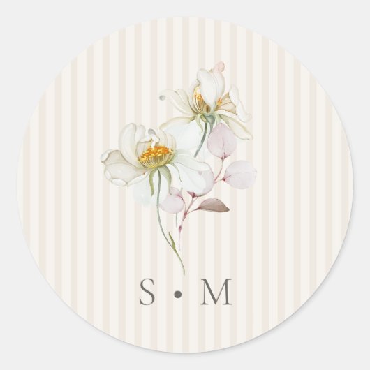 Rond Vintage Floral Stripe Wedding Monogram Sticker (Devant)