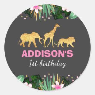 Rond Wild One Party Favoriser Tag Sticker Jungle Animau
