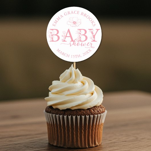 Rond Wildflower Baby Shower Favor Sticker Editable Name