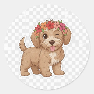 Rond Winking Puppy Flower Crown Sticker - Cutest Doodle