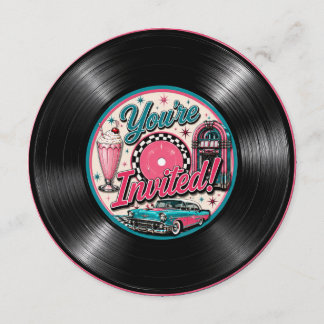 Ronde 50s Retro Vinylen Plaat Verjaardagsuitnodigi Kaart