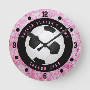 Ronde Balle de Football Fille Rose Personnalisée Horloge