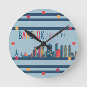 Ronde Bangkok Skyline Neon Orange Bleu Rouge Mur Horloge