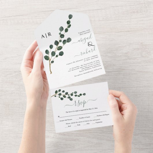 Ronde blad eucalyptus tak winter bruiloft all in one uitnodiging (Afscheurbaar)