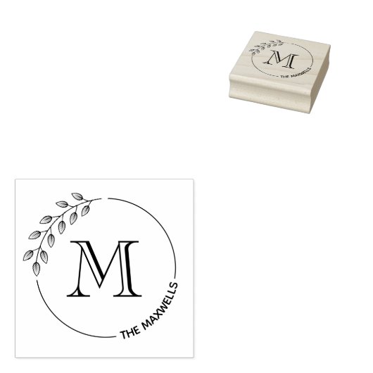 Ronde bladeren krans monogram Initiaal familienaam Rubberstempel (Gestempeld)