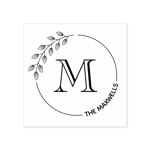 Ronde bladeren krans monogram Initiaal familienaam Rubberstempel (Afrduk)