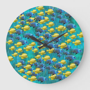 Ronde blauwe en gele vis wandklok grote klok
