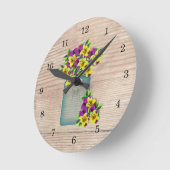 Ronde Bleu Mason Jar Pansies Mur Horloge (Angle)