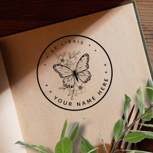 Ronde Bloemenvlinder ex libris stempel