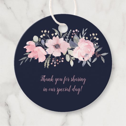 Ronde Blush Roze op Navy Bruiloft | Bedankjes Labels (Voorkant)