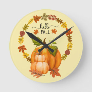 Ronde Bonjour Automne Feuilles Citrouilles Horloge mural