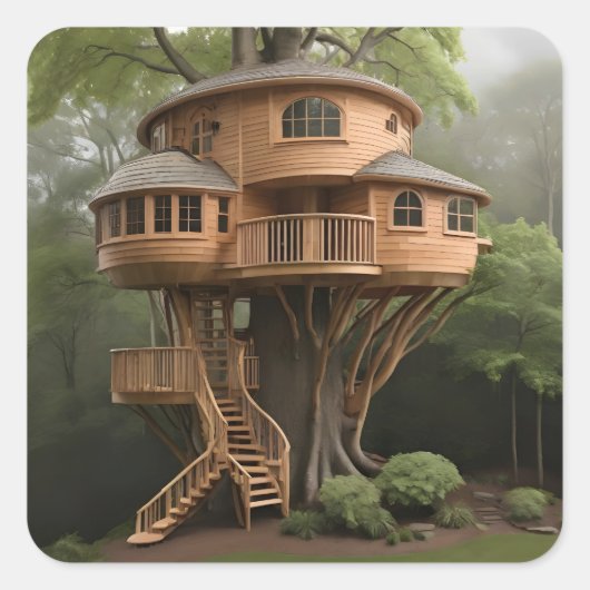 Ronde boomhut vierkante sticker (Voorkant)