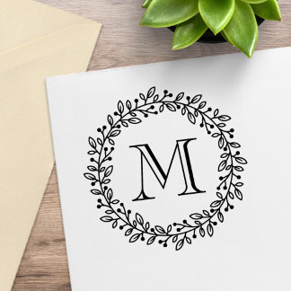 Ronde botanische beskrans monogram initiaal rubberstempel