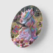 Ronde Candy Picnic Unicorn Wall Horloge - Nom modifiable (Angle)