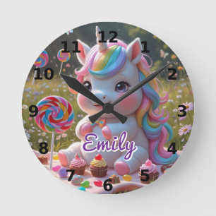 Ronde Candy Picnic Unicorn Wall Horloge - Nom modifiable