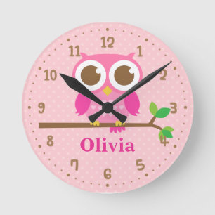 Ronde Chouette Rose Mignonne sur Branche Horloge Décorat